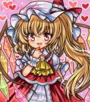  1girl ascot blonde_hair bow brooch cowboy_shot embellished_costume fang flandre_scarlet hand_to_own_mouth hand_up hat hat_bow heart jewelry light_blush long_hair looking_at_viewer marker_(medium) mob_cap one_side_up open_mouth pink_background red_bow red_eyes red_skirt red_vest rui_(sugar3) sample_watermark shirt short_sleeves skirt skirt_set smile solo standing touhou traditional_media vest watermark white_headwear white_shirt wings wrist_cuffs yellow_ascot 
