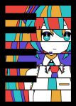  1girl aqua_eyes bare_shoulders black_border border closed_mouth collared_shirt colored_skin colorful commentary expressionless hair_ornament hatsune_miku highres long_hair looking_at_viewer machigami_yoh multicolored_hair multicolored_necktie necktie piano_keys shirt sleeveless sleeveless_shirt solo straight-on twintails upper_body vocaloid white_skin 
