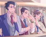  1girl 2boys ? ace_attorney antenna_hair apollo_justice athena_cykes black_hair blue_jacket blue_necktie blue_ribbon blue_vest blurry blurry_background bracelet brown_hair buttons closed_mouth collared_shirt crossed_arms earrings hair_ribbon hand_on_own_chin hand_on_own_hip highres jacket jewelry lapel_pin lapels layered_sleeves long_sleeves multiple_boys necklace necktie parted_lips phoenix_wright pointing_at_forehead red_eyes red_necktie red_vest ribbon sakami_ameka shirt short_hair sidelocks sleeve_cuffs sleeves_past_elbows spiky_hair suit_jacket thinking very_short_hair vest violet_eyes white_shirt yellow_jacket 