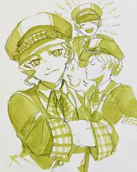  1girl absurdres ace_attorney cabbie_hat closed_eyes closed_mouth collared_shirt crossed_arms gina_lestrade hat highres jacket monochrome multiple_views necktie open_mouth sasatake_(sasatakebe) shirt short_hair smile the_great_ace_attorney traditional_media upper_body 