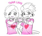  1boy 1girl collarbone dede_(qwea_00000) heart heart_hands heart_hands_duo inkling inkling_boy korean_commentary looking_at_viewer octoling octoling_girl open_mouth pink_shirt sharp_teeth shirt simple_background smile splatoon_(series) splatoon_3 spot_color teeth tentacle_hair upper_body white_background wristband 