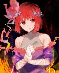  1girl arima_kana bare_shoulders black_background bob_cut closed_mouth dress flower gloves hair_flower hair_ornament highres inverted_bob looking_to_the_side neii601 oshi_no_ko purple_dress red_eyes redhead short_hair upper_body white_gloves 