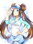 1girl alternate_color blue_eyes blue_pantyhose blue_skirt blue_sleeves brown_hair closed_mouth cowboy_shot double_bun floating_hair hair_bun hand_on_own_hip highres long_hair long_sleeves looking_at_viewer miniskirt pantyhose poke_ball_print pokemon pokemon_(game) pokemon_bw2 print_shirt raglan_sleeves rosa_(pokemon) shirt skirt smile solo standing twintails very_long_hair visor_cap white_shirt yomogi_(black-elf)