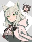  2girls :p angry animal_ear_fluff animal_ears arknights black_bow black_bowtie blush border bow bowtie breasts brown_dress brown_hair buttons cat_ears cat_girl chibi chibi_inset commentary_request cropped_torso dress green_eyes green_hair grey_background grey_vest harmonie_(arknights) hood hooded_jacket husui_parashi jacket light_blush looking_at_viewer mandragora_(arknights) medium_breasts multiple_girls open_mouth shirt short_hair simple_background tongue tongue_out twitter_username vest violet_eyes white_background white_jacket white_shirt 