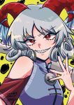  1girl blue_dress curly_hair detached_sleeves dress earrings highres horn_ornament horn_ribbon horns jewelry meandros patterned_clothing pointy_ears red_eyes red_horns red_sleeves rhodium_(rh) ribbon sharp_teeth sheep_horns solo teeth touhou toutetsu_yuuma white_hair 