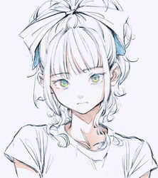  1girl blue_eyes bow closed_mouth expressionless hair_bow highres imay3927 looking_at_viewer original shirt short_sleeves sidelocks simple_background solo upper_body white_background white_bow white_hair white_shirt yellow_eyes 