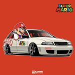  1boy artist_name audi audi_rs4 benjamin_(user_scjv3278) blue_eyes blue_overalls brown_hair car facial_hair gloves hat highres logo male_focus mario motor_vehicle mustache open_mouth overalls red_background red_headwear red_shirt shirt smile solo stance_(vehicle) super_mario_bros. thumbs_up vehicle_focus white_gloves 