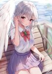  1girl bench blush collared_shirt cowboy_shot feathered_wings grey_hair hair_between_eyes highres kishin_sagume niko_kusa parted_lips pleated_skirt purple_skirt red_eyes shirt short_hair short_sleeves signature single_wing sitting skirt solo touhou white_shirt white_wings wings 