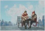  2boys absurdres adventurer_(ff14) animal_ears ankle_boots bench black_footwear black_pants black_scarf blue_eyes blue_sky boots border braid braided_ponytail brown_gloves brown_hair brown_shirt burger cape cat_boy cat_ears cat_tail city clouds crossed_bangs day elbow_gloves facial_mark final_fantasy final_fantasy_xiv fingerless_gloves food g&#039;raha_tia gloves hair_ornament highres holding holding_food hyur jushenger looking_at_another low_ponytail male_focus miqo&#039;te multiple_boys neck_tattoo on_bench outdoors pants red_cape red_eyes redhead scarf shirt short_hair single_braid sitting sky slit_pupils smile swept_bangs tail tattoo thigh_boots twitter_username tying_footwear warrior_of_light_(ff14) white_border wide_shot x_hair_ornament 