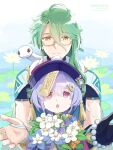  1boy 1girl artist_name baizhu_(genshin_impact) bead_bracelet beads bracelet chestnut_mouth closed_mouth coin_hair_ornament commentary_request flower genshin_impact glasses green_hair hair_between_eyes hair_ornament hat highres jewelry jiangshi long_bangs long_hair looking_at_another natsuya_(kuttuki) ofuda open_mouth orange_flower pink_hair purple_flower purple_headwear qing_guanmao qiqi_(genshin_impact) semi-rimless_eyewear short_hair slit_pupils smile snake tassel tulip under-rim_eyewear upper_body web_address white_flower white_snake yellow-framed_eyewear yellow_eyes 