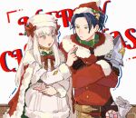  1boy 1girl :&gt; blue_hair candy felix_hugo_fraldarius fire_emblem fire_emblem:_three_houses fire_emblem_heroes food hat highres holding holding_candy holding_food lysithea_von_ordelia lysithea_von_ordelia_(winter) official_alternate_costume ohima17 open_mouth santa_costume santa_hat sitting smile white_hair winter_clothes 