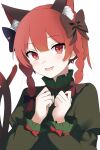  1girl absurdres animal_ear_fluff animal_ears arina_stepanova black_bow bow braid cat_ears cat_tail extra_ears fang hair_bow highres kaenbyou_rin long_sleeves multiple_tails open_mouth portrait puffy_long_sleeves puffy_sleeves red_bow red_eyes redhead simple_background skin_fang smile solo tail touhou twin_braids two_tails white_background 
