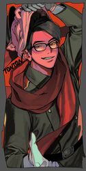  1boy belt black_belt black_hair border buttons glasses gloves green_jacket grey_border grin hat highres jacket male_focus marumaru_no_shuyaku_wa_wareware_da! orange_background paguraisu pig_mask red_eyes red_scarf removing_mask scarf short_hair smile solo tonton_(marumaru_no_shuyaku_wa_wareware_da!) white_gloves 