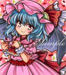  1girl bat_wings blue_hair blush brooch closed_mouth dress fang fang_out frilled_dress frills hat jewelry looking_at_viewer marker_(medium) medium_hair mob_cap pink_dress pink_headwear puffy_short_sleeves puffy_sleeves red_eyes remilia_scarlet rui_(sugar3) sample_watermark short_sleeves smile solo sparkle touhou traditional_media upper_body watermark wings wrist_cuffs 