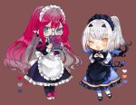  2girls ;d apron baobhan_sith_(fate) black_apron black_dress blue_dress book chibi dress fate/grand_order fate_(series) frilled_dress frills glasses grey_eyes hair_ornament hairclip heart heart_hands holding holding_book long_hair maid maid_apron maid_headdress melusine_(fate) multiple_girls one_eye_closed pink_hair pointy_ears ponytail round_eyewear smile sumifate white_apron white_hair yellow_eyes 