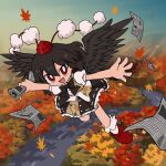  1girl :d black_bow black_bowtie black_hair black_skirt black_wings bobby_socks bow bowtie collared_shirt commentary_request djrem flying frilled_skirt frills happy hat leaf_print newspaper open_mouth pom_pom_(clothes) puffy_short_sleeves puffy_sleeves red_eyes red_footwear red_headwear shameimaru_aya shirt short_sleeves skirt smile socks solo tokin_hat touhou white_shirt white_socks wings 