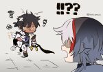  ! 2boys ? arknights bag bandaid bandaid_on_head black_bag black_footwear black_hair black_shirt chibi commentary_request dark-skinned_male dark_skin dirt earrings elysium_(arknights) feather_hair_ornament feathers full_body grey_background hair_ornament holding holding_sword holding_weapon husui_parashi infection_monitor_(arknights) jacket jewelry jitome messy_hair multicolored_hair multiple_boys pants rolled_up_paper shaded_face shirt short_hair simple_background sparkle streaked_hair surprised sword thorns_(arknights) torn_clothes twitter_username upper_body weapon white_hair white_jacket white_pants yellow_eyes 