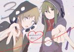  1boy 1girl :o black_hoodie blurry blurry_foreground brown_eyes brown_shirt casual character_name circle commentary cross-laced_clothes cross-laced_sleeves dated dutch_angle foreshortening green_hair grey_background heart heart_of_string highres hood hood_up hoodie index_finger_raised kagerou_project kano_shuuya kido_tsubomi koyon light_brown_hair long_hair looking_at_viewer looking_to_the_side notched_neckline open_clothes open_mouth pointing pointing_at_viewer print_hoodie purple_hoodie red_shirt shirt short_hair sidelocks sideways_glance smile sparkle t-shirt two-sided_hoodie upper_body violet_eyes w white_hoodie zipper zipper_pull_tab 