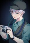  1boy :d absurdres aqua_eyes aqua_shirt black_background blue_background breast_pocket bright_pupils buttons camera collared_shirt commentary_request copyright_request crossed_bangs gradient_background grey_headwear grey_vest hair_between_eyes hands_up hat headwear_request highres holding holding_camera kurobikari male_focus mismatched_pupils open_mouth pocket shirt short_hair simple_background sleeve_cuffs sleeves_past_elbows smile solo thick_eyebrows two-tone_background upper_body vest watch watch white_hair white_pupils wing_collar 
