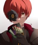  1boy alternate_hair_color asuka_r._kreutz black_gloves card compass_rose_halo gloves guilty_gear guilty_gear_strive halo highres holding holding_card long_sleeves looking_at_viewer male_focus redhead short_hair simple_background smile upper_body yellow_eyes 