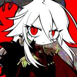  1girl demon_girl demon_horns ear_piercing formal funamusea haiiro_teien hair_between_eyes horn_piercing horns insignia long_hair long_sleeves looking_at_viewer military_uniform mogeko_(okegom) pale_skin pentagram piercing red_background red_eyes reficul_(haiiro_teien) serious solo uniform white_hair 