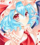  1girl ascot bat_wings blue_hair commentary_request hair_between_eyes hat marker_(medium) medium_hair mob_cap petals portrait red_ascot red_eyes remilia_scarlet smile solo suzu_(o_o1219) touhou traditional_media wings 