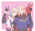  2boys asymmetrical_bangs asymmetrical_clothes black_gloves blonde_hair border cloak english_commentary english_text extra_arms floral_print gavis_bettel gloves grey_hair hair_between_eyes hand_on_another&#039;s_shoulder happy high_collar highres holostars holostars_english looking_at_viewer magmite_(magni_dezmond) magni_dezmond male_focus mole mole_under_mouth multiple_boys one_eye_closed phantom_(gavis_bettel) pink_background pink_eyes riz_tempura scarf short_hair sketch standing tongue tongue_out upper_body white_border white_scarf yellow_eyes 