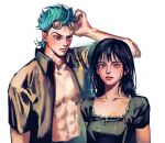  1boy 1girl abs absurdres aged_down black_eyes black_hair blue_eyes blue_hair blunt_bangs closed_mouth franky_(one_piece) goggles goggles_on_head highres long_hair looking_at_viewer nico_robin one_piece onigirimayora open_clothes realistic short_hair simple_background sparkle spiky_hair white_background 