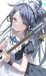  &lt;key&gt;_(robot)_(blue_archive) 1girl absurdres apron aqua_eyes aqua_ribbon aris_(blue_archive) aris_(maid)_(blue_archive) black_dress black_hair blue_archive blurry blush commentary_request depth_of_field dress highres holding holding_mop looking_at_viewer maid maid_headdress mop neck_ribbon ningen_mame official_alternate_costume parted_bangs partial_commentary ponytail puffy_short_sleeves puffy_sleeves ribbon short_sleeves simple_background smile solo white_apron white_background wristband 