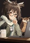  1girl :o absurdres animal arknights bird black-framed_eyewear brown_background brown_eyes brown_hair clenched_hand computer cup grey_sweater hand_up highres laptop long_sleeves looking_at_viewer mug official_alternate_costume owl owl_ears rhine_lab_logo ribbed_sweater scarf semi-rimless_eyewear short_hair silence_(arknights) silence_(frosted_breath)_(arknights) simple_background solo sweater table under-rim_eyewear upper_body white_scarf yan_kodiac 