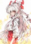  1girl bow closed_mouth cowboy_shot deal360acv fire from_side fujiwara_no_mokou grey_hair hair_bow highres long_hair pants red_eyes red_pants shirt simple_background sleeves_past_elbows solo touhou white_background white_bow white_shirt 