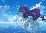  closed_mouth clouds commentary_request day from_side frown no_humans outdoors pokemon pokemon_(creature) red_eyes reflection sena_(jcwe4828) sky solo standing suicune 