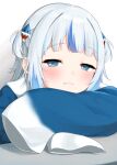  1girl :3 absurdres blue_eyes blue_hair blue_hoodie blunt_bangs blush choppy_bangs closed_mouth commentary gawr_gura gawr_gura_(1st_costume) grey_hair hair_ornament half-closed_eyes head_rest highres hololive hololive_english hood hoodie long_hair long_sleeves looking_at_viewer multicolored_hair myolu shark_hair_ornament sleeves_past_fingers sleeves_past_wrists smug solo streaked_hair two_side_up virtual_youtuber wide_sleeves 
