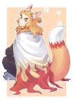  1boy animal_ears blonde_hair cape demon_slayer_uniform forked_eyebrows fox_ears fox_tail haori highres japanese_clothes kimetsu_no_yaiba long_hair long_sleeves male_focus multicolored_hair multicolored_tail orange_eyes orange_hair remsor076 rengoku_kyoujurou smile solo tail two-tone_hair 