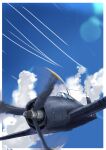  absurdres aircraft airplane blue_sky clouds commentary_request day f6f_hellcat highres lens_flare motion_blur no_humans original outdoors sky tokiwa_senkei 