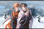 2boys antenna_hair coat donaldakron eyeliner fur_collar looking_at_each_other snow tartaglia_(genshin_impact) zhongli_(genshin_impact)