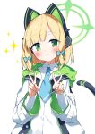  1girl animal_ear_headphones animal_ears aqua_bow aqua_necktie blonde_hair blue_archive blush bow cat_tail closed_mouth collared_shirt double_v fake_animal_ears green_eyes green_halo hair_bow halo headphones highres hood hooded_jacket jacket long_sleeves looking_at_viewer midori_(blue_archive) necktie shirt short_hair simple_background solo sparkle suta0822 tail upper_body v white_background white_jacket white_shirt 