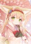  1girl absurdres animal_ear_fluff animal_ears arknights blonde_hair blush closed_mouth commentary_request flower fox_ears fox_girl fox_tail green_eyes hair_between_eyes hair_flower hair_ornament hairband highres holding holding_umbrella japanese_clothes kimono kitsune kyuubi long_hair long_sleeves looking_at_viewer multicolored_hair multiple_tails obi official_alternate_costume oil-paper_umbrella pink_kimono red_hairband red_umbrella sash smari_ibis solo suzuran_(arknights) suzuran_(yukibare)_(arknights) tail two-tone_hair umbrella upper_body white_hair wide_sleeves 