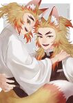  2boys animal_ears blonde_hair demon_slayer_uniform fangs forked_eyebrows fox_ears fox_tail highres japanese_clothes kimetsu_no_yaiba long_hair long_sleeves male_focus multicolored_hair multicolored_tail multiple_boys open_mouth red_eyes remsor076 rengoku_kyoujurou rengoku_senjurou smile tail teeth two-tone_hair upper_teeth_only 