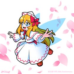  1girl blonde_hair blue_eyes capelet dress fairy fairy_wings full_body hair_between_eyes hat highres lily_white long_hair long_sleeves open_mouth outstretched_arms perfect_cherry_blossom petals red_footwear shoes simple_background smile solidus_(sword_cube) solo spread_arms teeth touhou upper_teeth_only white_background white_capelet white_dress white_headwear wings 