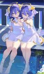  2girls ;) bare_shoulders barefoot blue_eyes blue_hair closed_mouth commentary_request dress falken_(yutozin) gloves halo looking_at_viewer multiple_girls one_eye_closed original short_hair siblings sitting smile twins wading white_dress white_gloves 