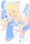 1girl :d altaria blonde_hair braid collarbone commentary_request dress eyelashes green_eyes hands_up highres lillie_(pokemon) long_hair looking_at_viewer open_mouth pokemon pokemon_(creature) pokemon_(game) pokemon_sm sleeveless sleeveless_dress smile twin_braids virno white_dress 