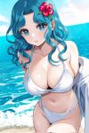  1girl aqua_eyes aqua_hair beach bikini bishoujo_senshi_sailor_moon breasts day highres kaiou_michiru koharumichi large_breasts lips long_hair midriff navel outdoors parted_bangs smile solo swimsuit wavy_hair white_bikini 