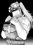  1girl armor bane batman_(series) breasts commentary_request dc_comics genderswap genderswap_(mtf) gradient_background greyscale highres large_breasts long_hair manabu_yashiro mask monochrome muscular muscular_female solo the_dark_knight_rises twintails upper_body veins vest 