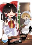  2girls :d absurdres adapted_costume alternate_hairstyle apron ascot bare_shoulders black_hair blonde_hair blunt_bangs border bow bowl breasts chopsticks closed_eyes commentary_request cup detached_sleeves flying_sweatdrops food frilled_bow frilled_hair_tubes frills hair_bow hair_ribbon hair_tubes hakurei_reimu hands_up happy head_scarf highres holding holding_tray indoors kirisame_marisa light_blush long_hair long_sleeves looking_at_another multiple_girls open_mouth outside_border own_hands_together parted_bangs ramochi red_bow red_vest ribbon ribbon-trimmed_sleeves ribbon_trim rice_bowl sidelocks small_breasts smile soup sparkle table touhou tray tress_ribbon upper_body vest white_apron white_border wide_sleeves wing_collar yellow_ascot yellow_eyes 