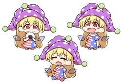  1girl american_flag_dress american_flag_legwear blonde_hair blue_wings chibi clownpiece drooling eating food highres long_hair multiple_views onigiri purple_headwear red_eyes shitacemayo sleeping smile solo touhou very_long_hair white_background wings 