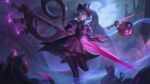 1girl animal black_dress black_headwear black_thighhighs building candle candy cat dress food foot_up frilled_dress frilled_sleeves frills gem green_hair gwen_(league_of_legends) hair_ornament highres holding holding_scissors ladyofmorh league_of_legends long_hair long_sleeves moon night outdoors pink_dress pink_eyes puffy_short_sleeves puffy_sleeves scissors short_sleeves smile solo swept_bangs sword teeth thigh-highs twintails weapon 