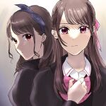  2girls assault_lily blue_bow blue_hairband bow bow_hairband bowtie braid brown_background brown_hair brown_jacket closed_mouth collared_shirt commentary_request french_braid fukuyama_jeanne_sachie gradient_background grey_background hair_bow hair_ribbon hairband hand_on_own_chest hand_up highres jacket juliet_sleeves kuroki_francisca_yuria long_hair long_sleeves looking_at_viewer looking_to_the_side ludvico_private_girls&#039;_academy_school_uniform medium_hair multiple_girls pink_bow pink_bowtie pink_eyes pink_ribbon puffy_sleeves red_eyes ribbon school_uniform shakeza shirt upper_body white_shirt 