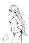  1girl absurdres arknights armpits blush doctor_(arknights) grey_hair hair_ornament highres metiru_ag pale_skin pointy_ears red_eyes swimsuit vampire warfarin_(arknights) 