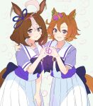  2girls ahoge animal_ears blue_ribbon bow bowtie brown_hair commentary_request crown ear_ribbon ear_wagging hairband heart heart_hands heart_hands_duo highres horse_ears horse_girl horseshoe_ornament looking_at_viewer meisho_doto_(umamusume) mini_crown momose_sumomo multicolored_hair multiple_girls orange_hair pink_hairband pleated_skirt puffy_short_sleeves puffy_sleeves purple_bow purple_bowtie purple_serafuku purple_shirt ribbon sailor_collar sailor_shirt school_uniform serafuku shirt short_hair short_sleeves skirt smile t.m._opera_o_(umamusume) tracen_school_uniform two-tone_hair umamusume violet_eyes white_sailor_collar white_skirt 